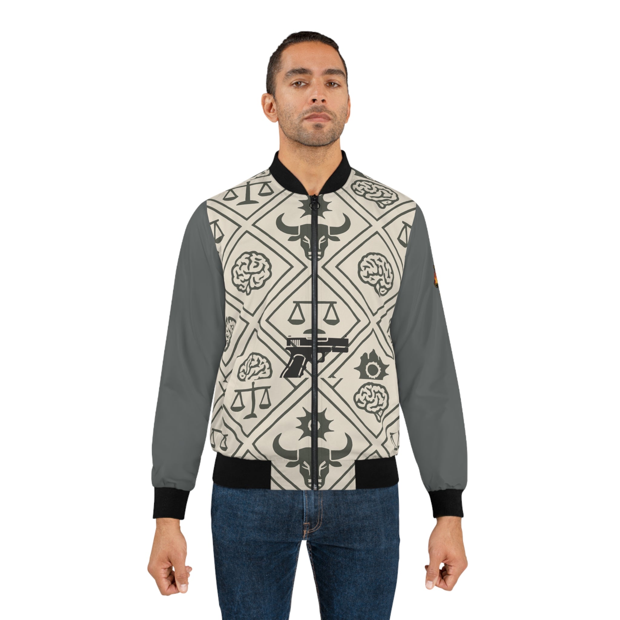 Justice No Bull Bomber Jacket — (18+design) Bold Repeating Legal Pattern