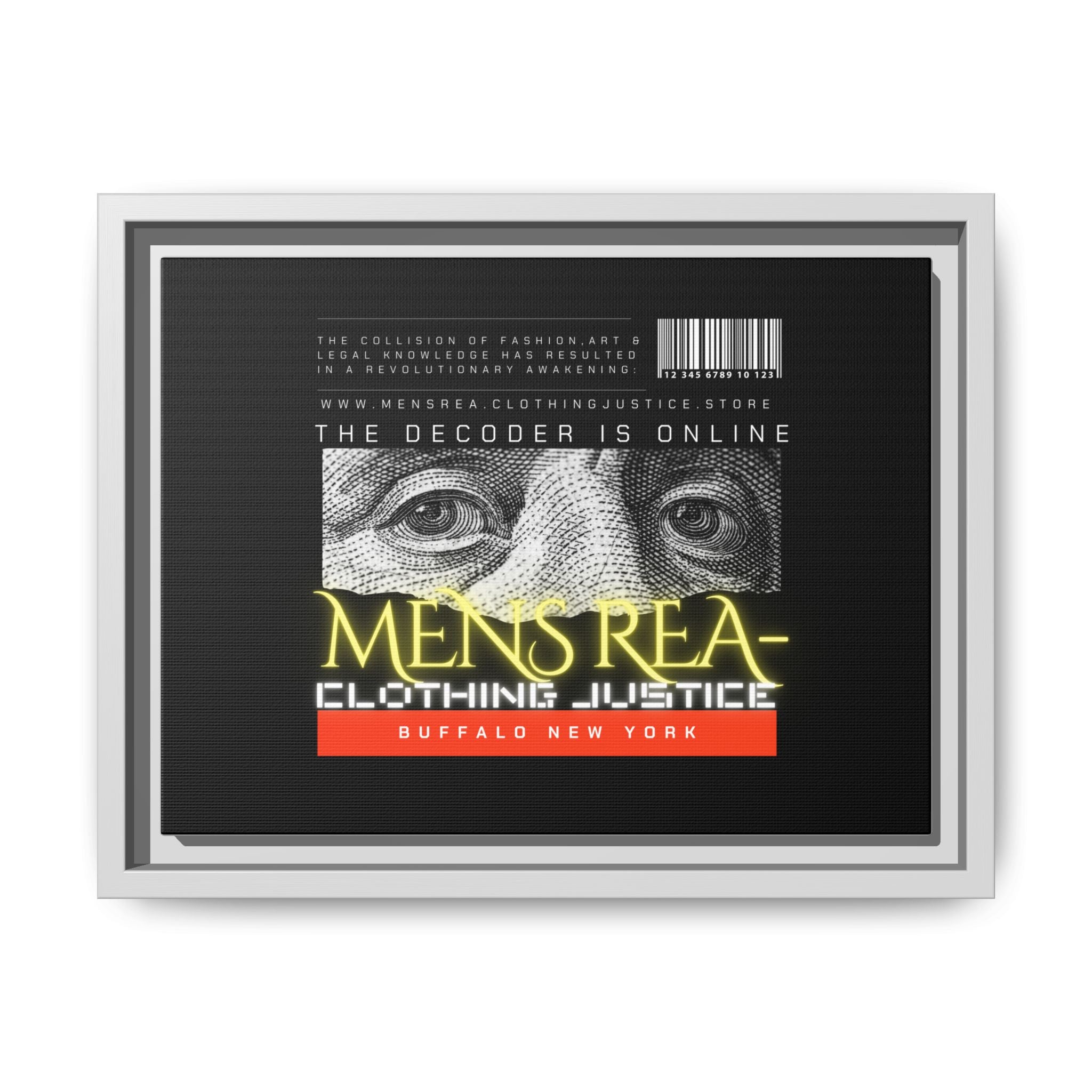 Framed Matte Canvas Print — “MENS REA: Clothing Justice” Graphic Art (Black, Neon)