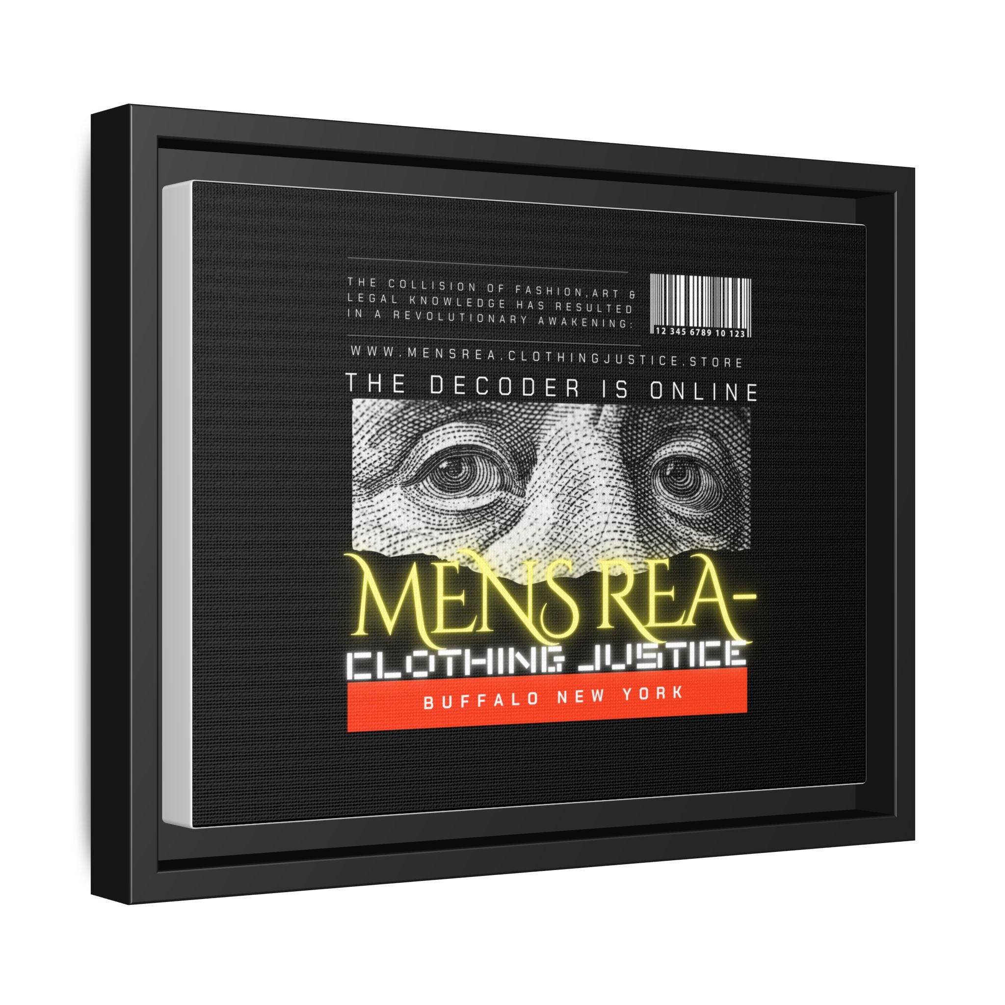Framed Matte Canvas Print — “MENS REA: Clothing Justice” Graphic Art (Black, Neon)