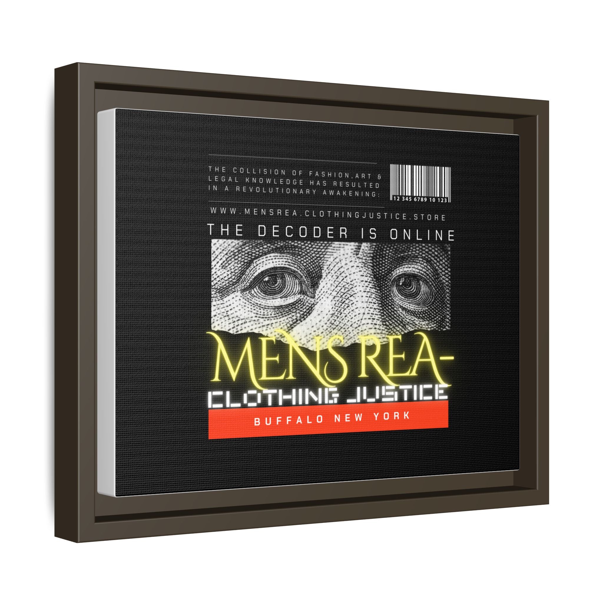 Framed Matte Canvas Print — “MENS REA: Clothing Justice” Graphic Art (Black, Neon)