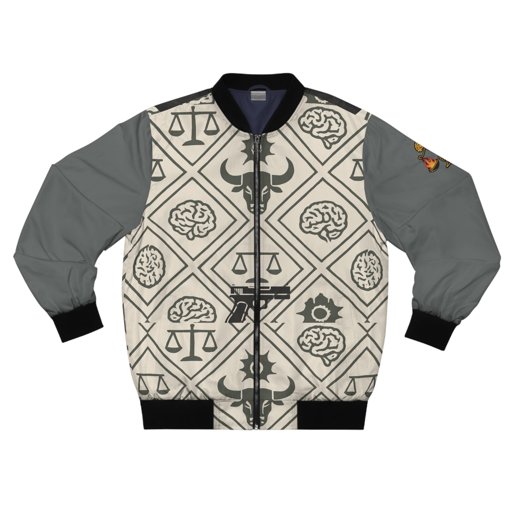 Justice No Bull Bomber Jacket — (18+design) Bold Repeating Legal Pattern