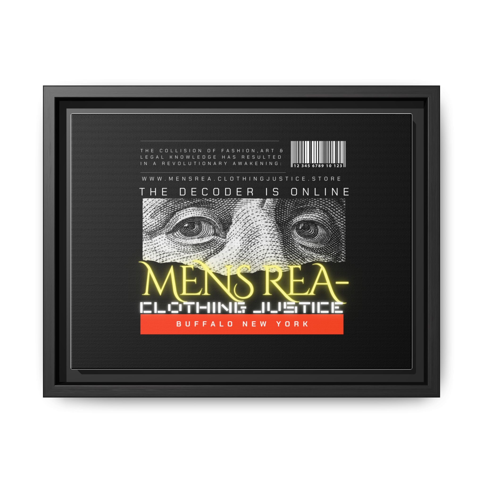 Framed Matte Canvas Print — “MENS REA: Clothing Justice” Graphic Art (Black, Neon)