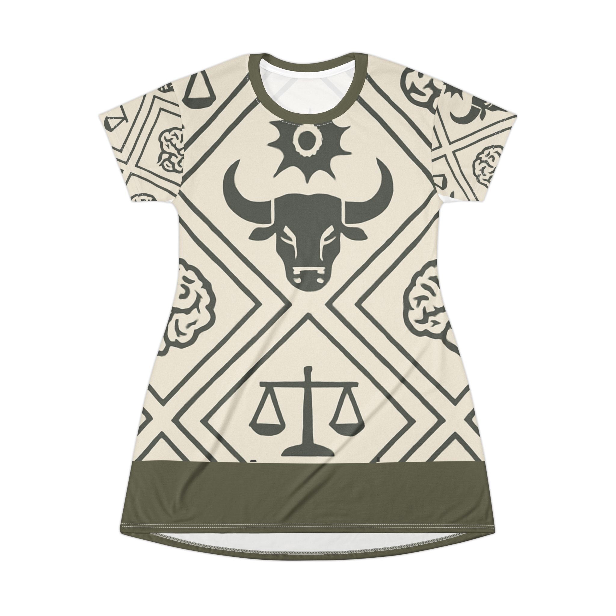Justice Emblematic fitted T-Shirt Dress — Neutral Beige & Brown Pattern