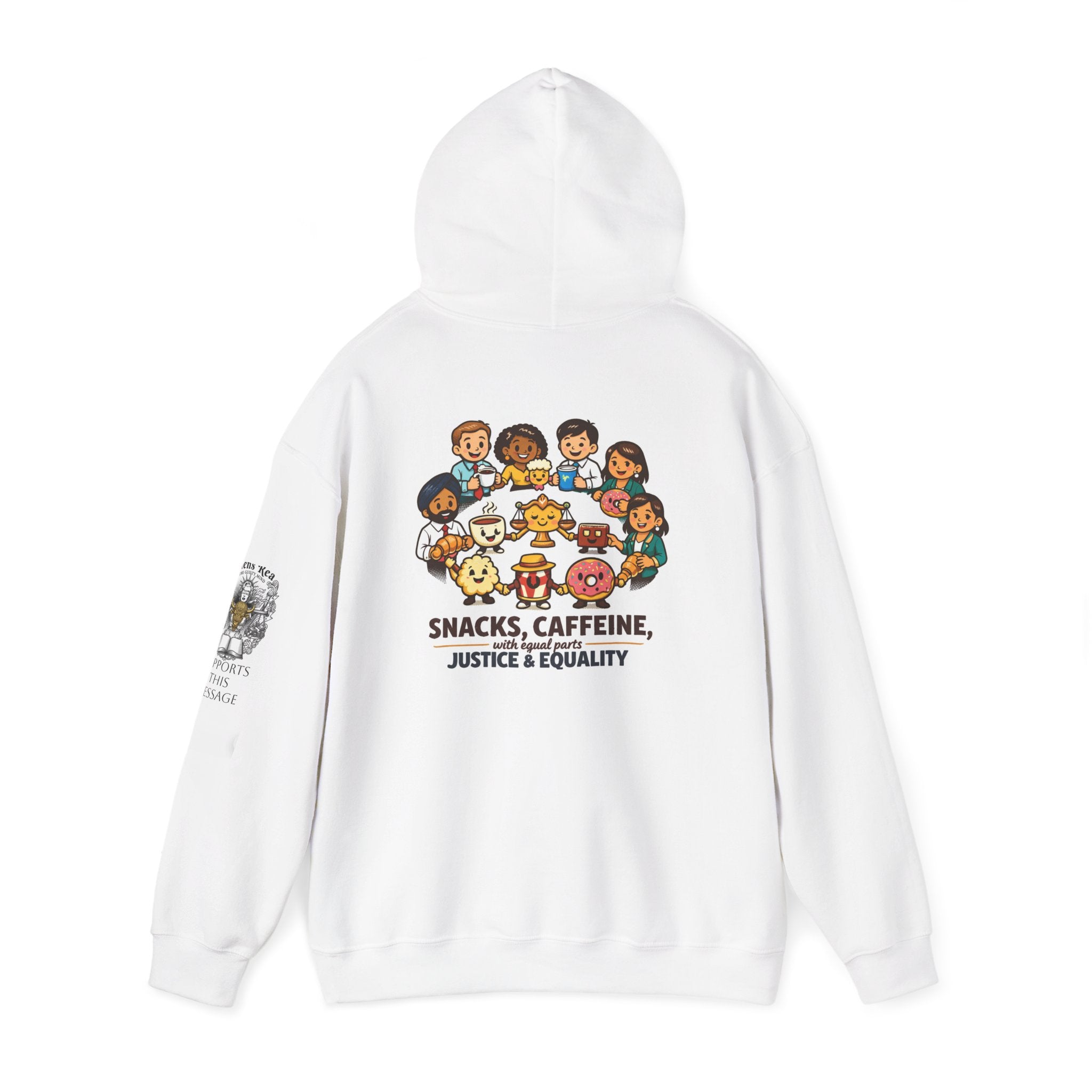 JUSTICE SNACKS ON coffee /Snacks & Equality on the Scales Illustration Hoodie | office humor, coffee fuel, Justice