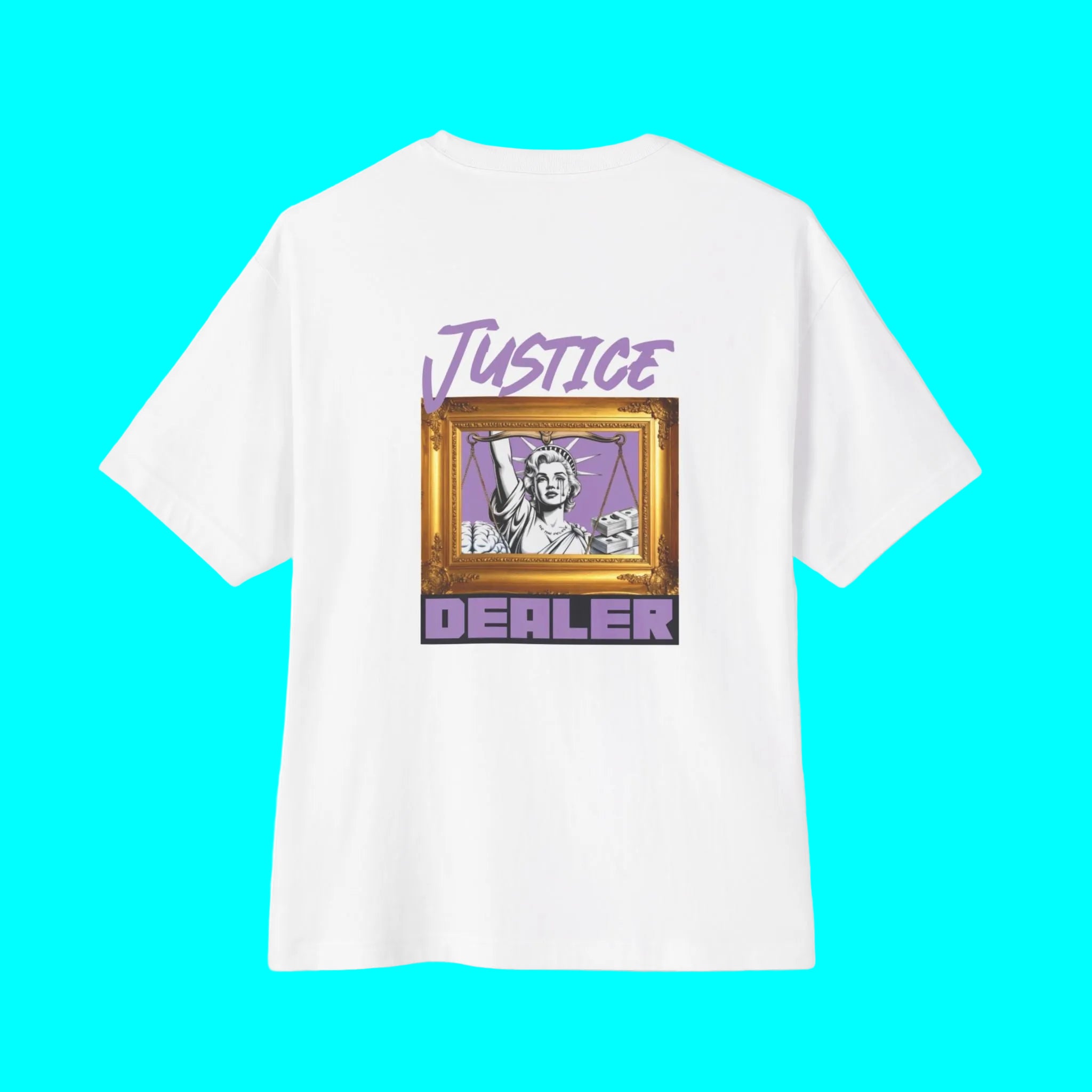 White t-shirt with 'Justice Dealer' graphic design on a white background/ clothing Justice 