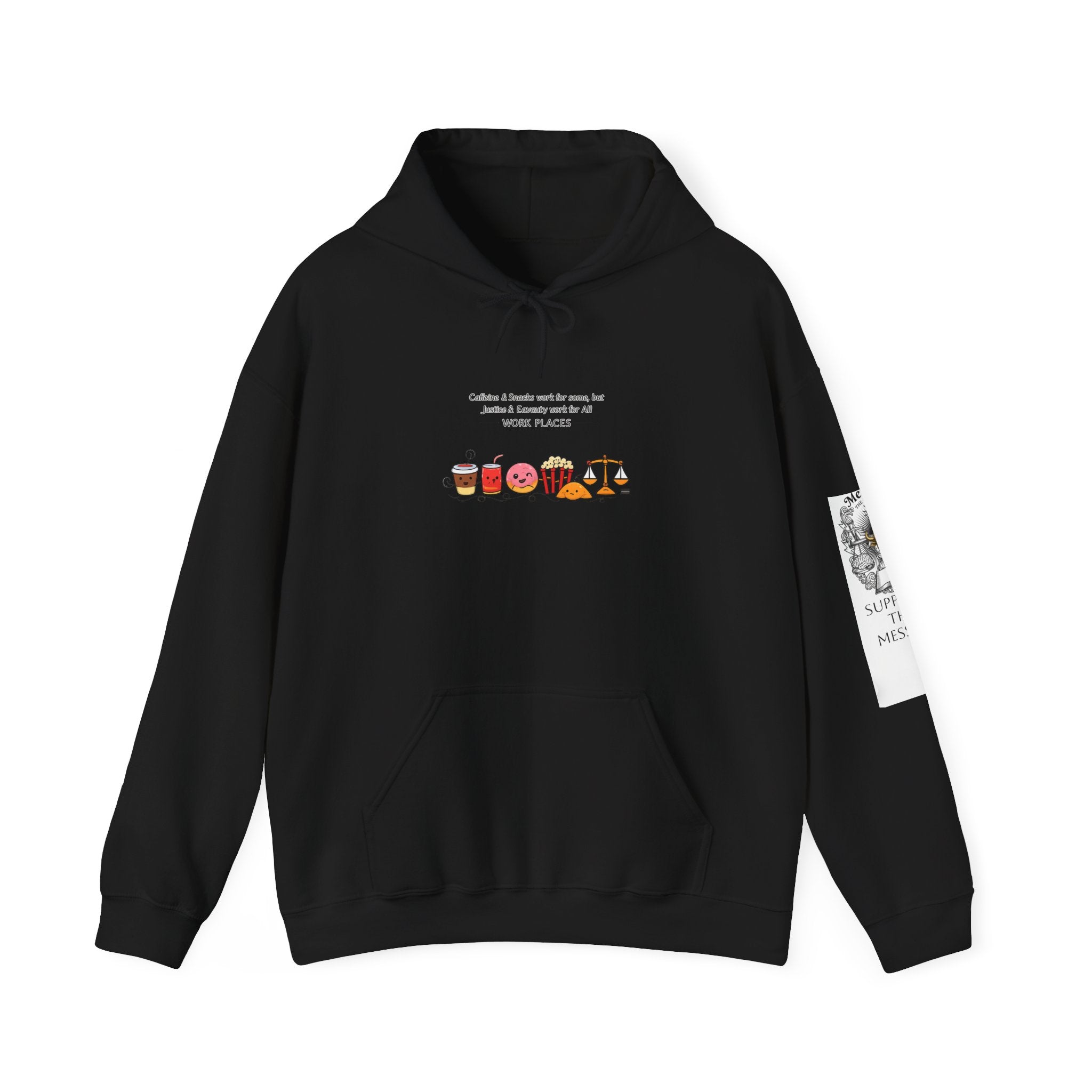 JUSTICE SNACKS ON coffee /Snacks & Equality on the Scales Illustration Hoodie | office humor, coffee fuel, Justice