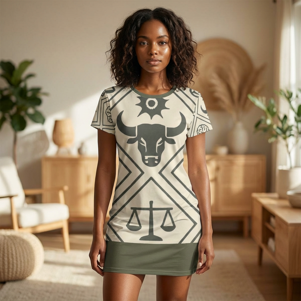 Justice Emblematic fitted T-Shirt Dress — Neutral Beige & Brown Pattern