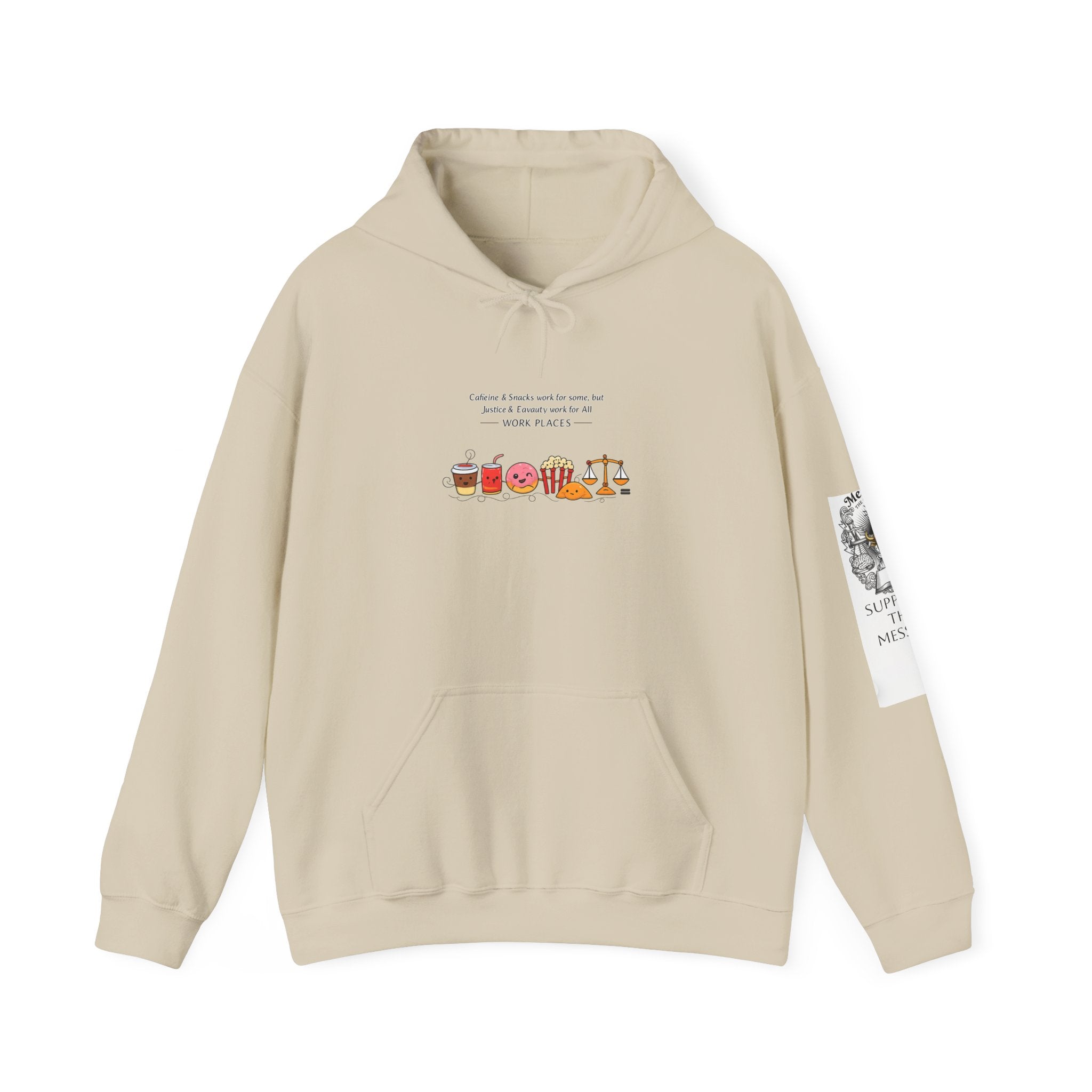 JUSTICE SNACKS ON coffee /Snacks & Equality on the Scales Illustration Hoodie | office humor, coffee fuel, Justice