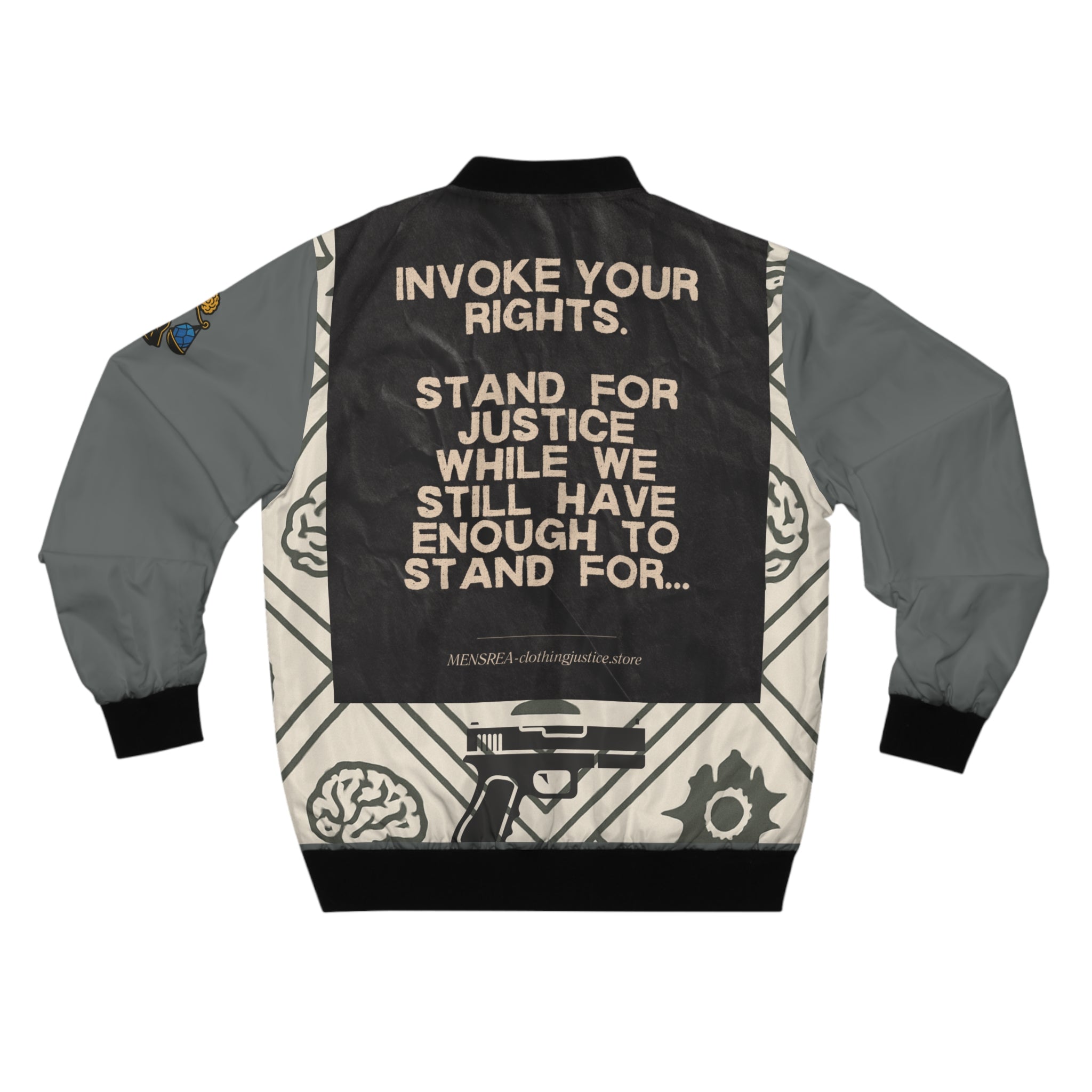 Justice No Bull Bomber Jacket — (18+design) Bold Repeating Legal Pattern