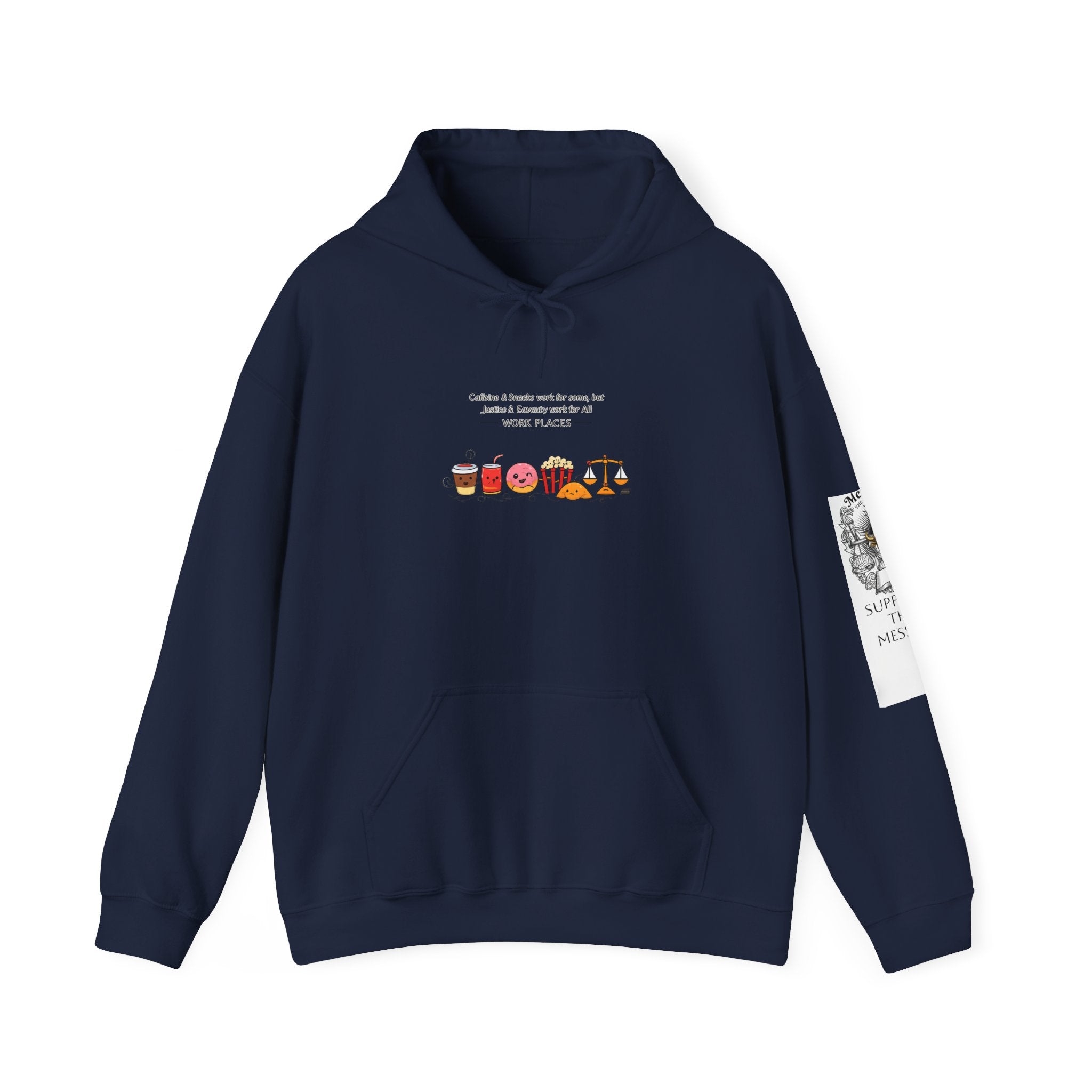 JUSTICE SNACKS ON coffee /Snacks & Equality on the Scales Illustration Hoodie | office humor, coffee fuel, Justice