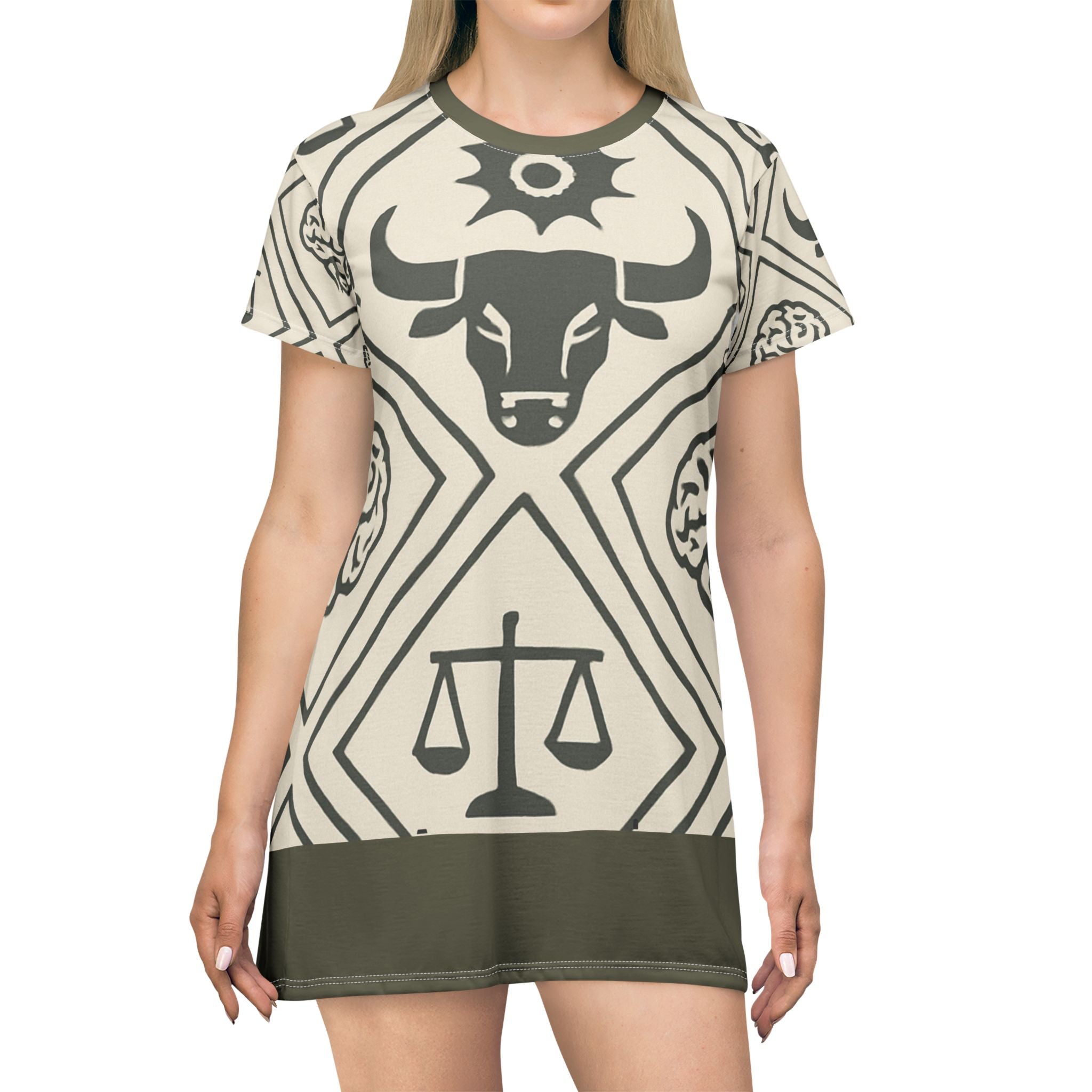 Justice Emblematic fitted T-Shirt Dress — Neutral Beige & Brown Pattern