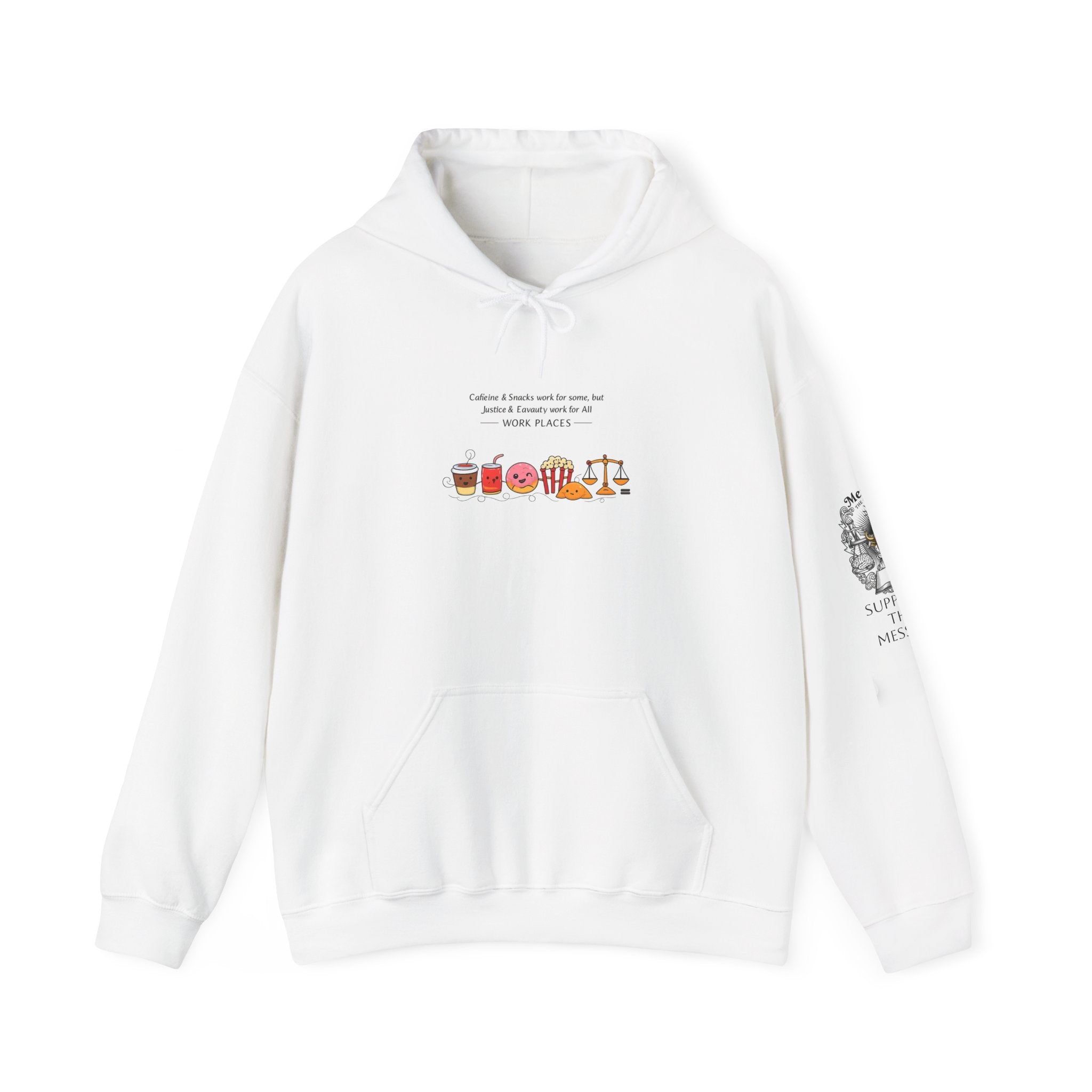 JUSTICE SNACKS ON coffee /Snacks & Equality on the Scales Illustration Hoodie | office humor, coffee fuel, Justice