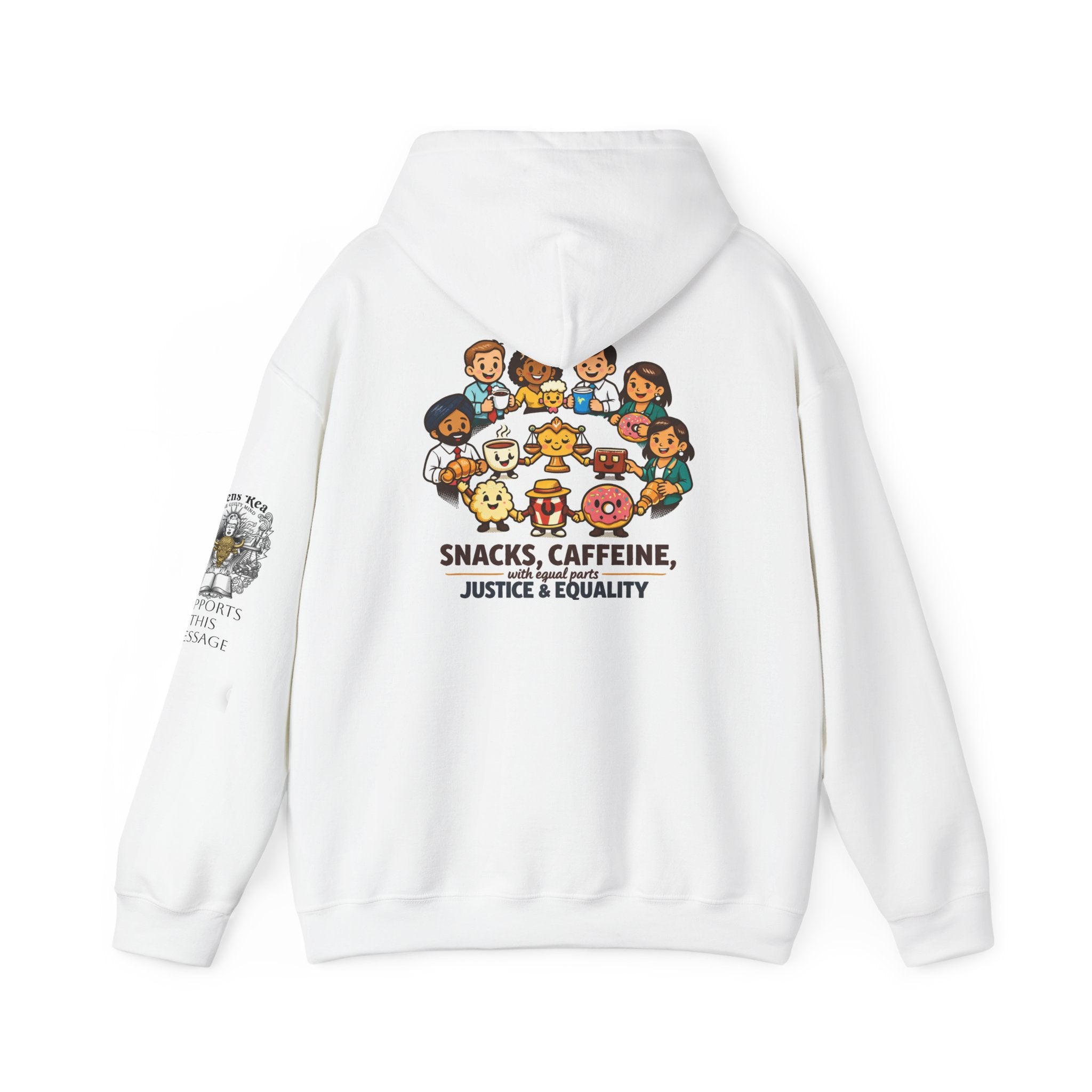 JUSTICE SNACKS ON coffee /Snacks & Equality on the Scales Illustration Hoodie | office humor, coffee fuel, Justice