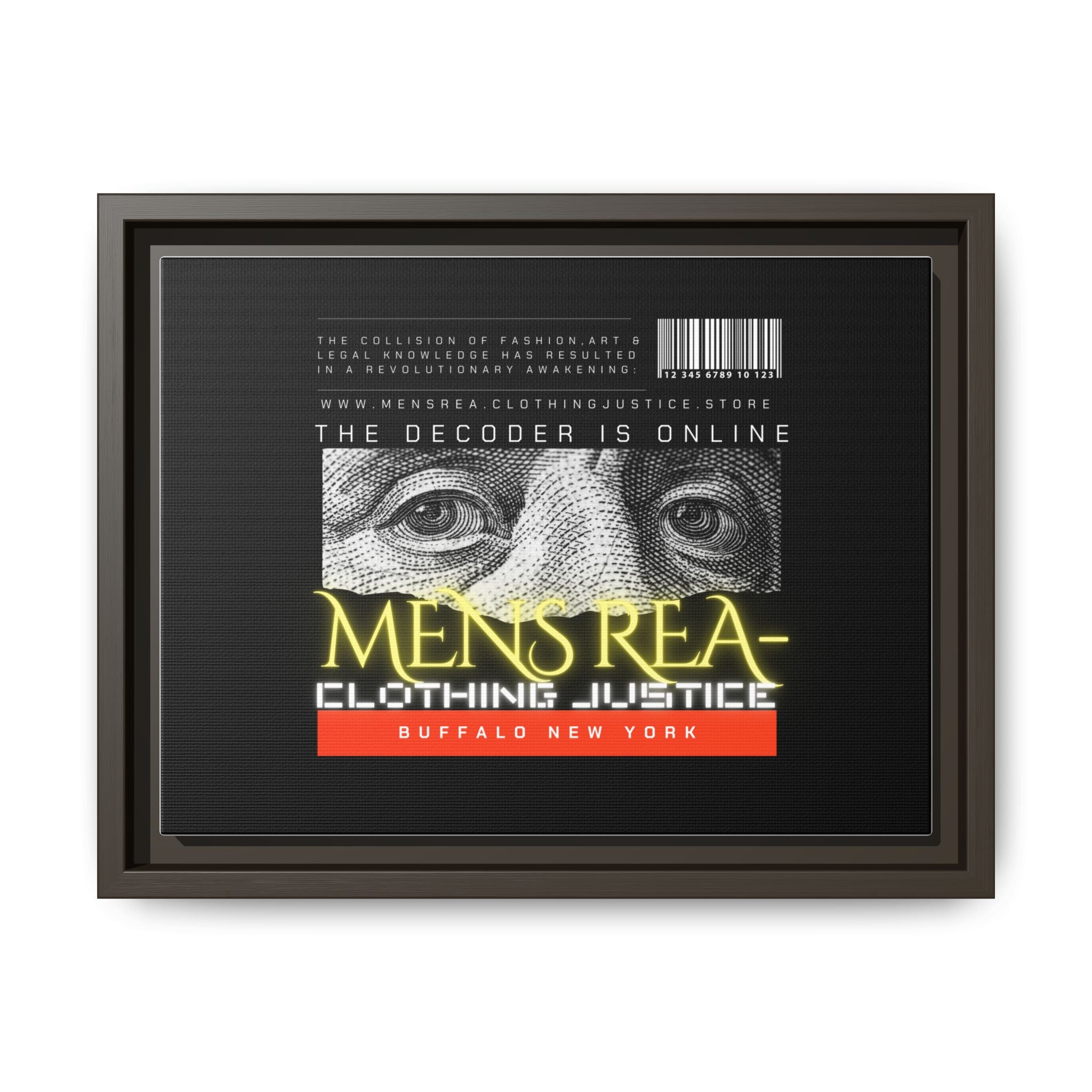 Framed Matte Canvas Print — “MENS REA: Clothing Justice” Graphic Art (Black, Neon)