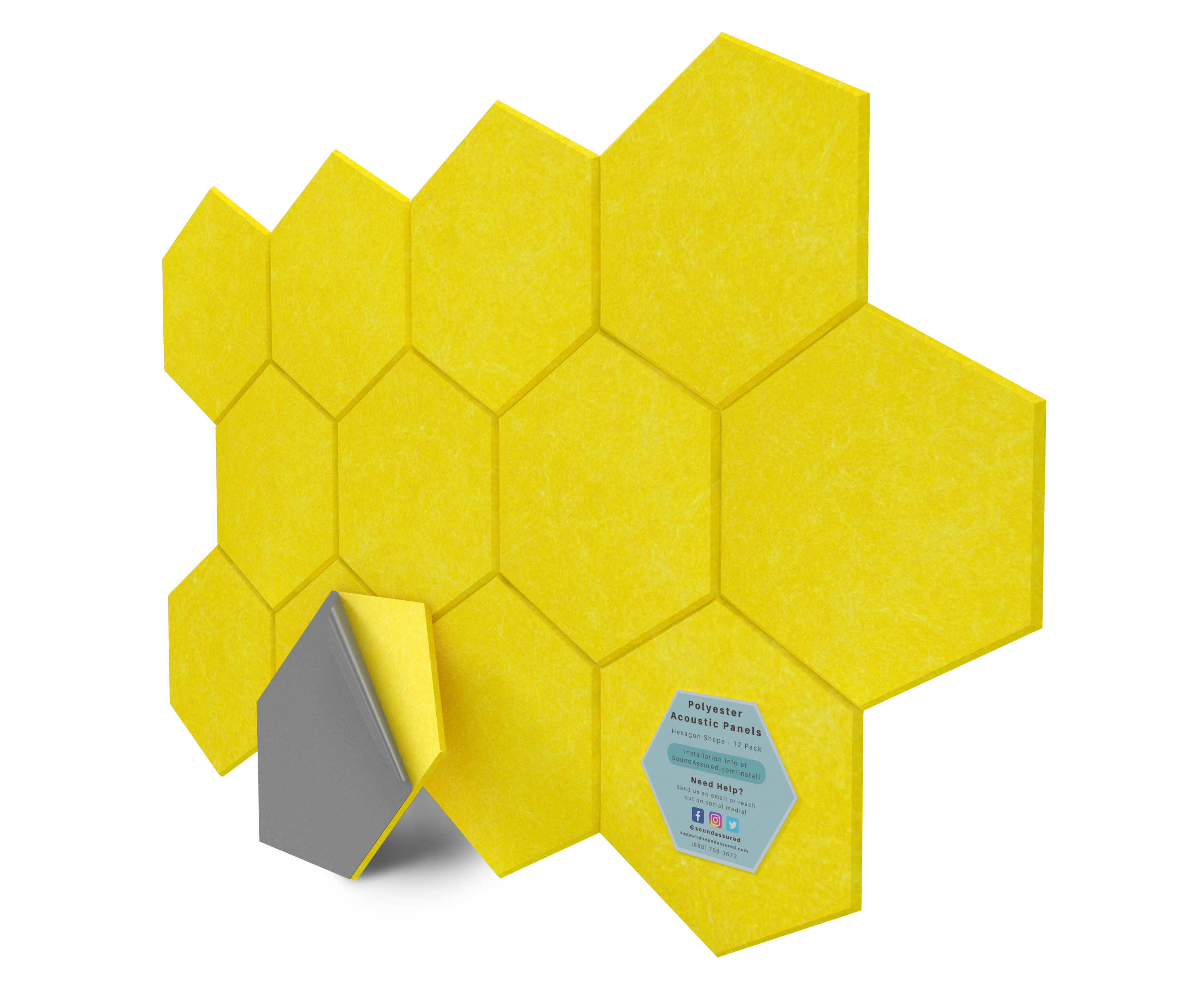 Hexagon Polyester Acoustic Panels - 12 Pack | Eco-Friendly Sound Absorption | Easy Peel & Stick Installation