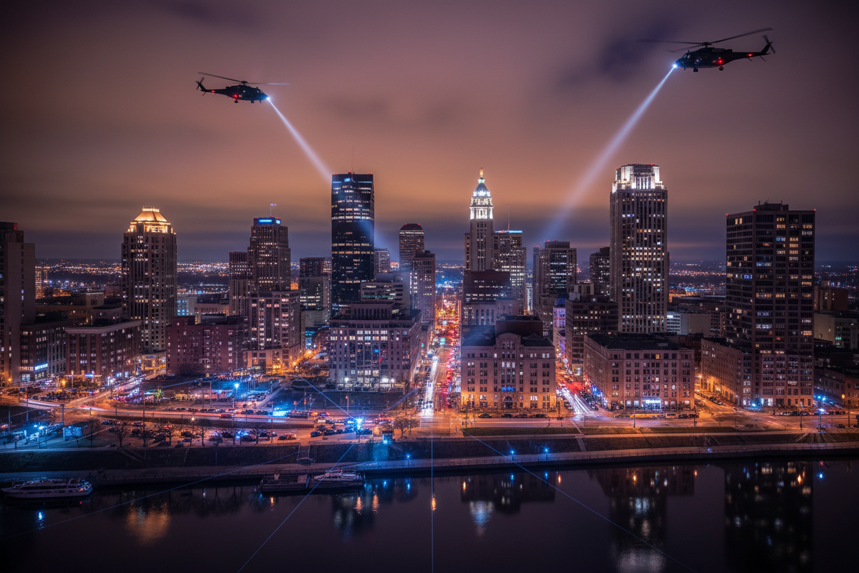 a city of buffalo new york skyline with helicopters and cop lights coming from street level at light with clouds glowing 