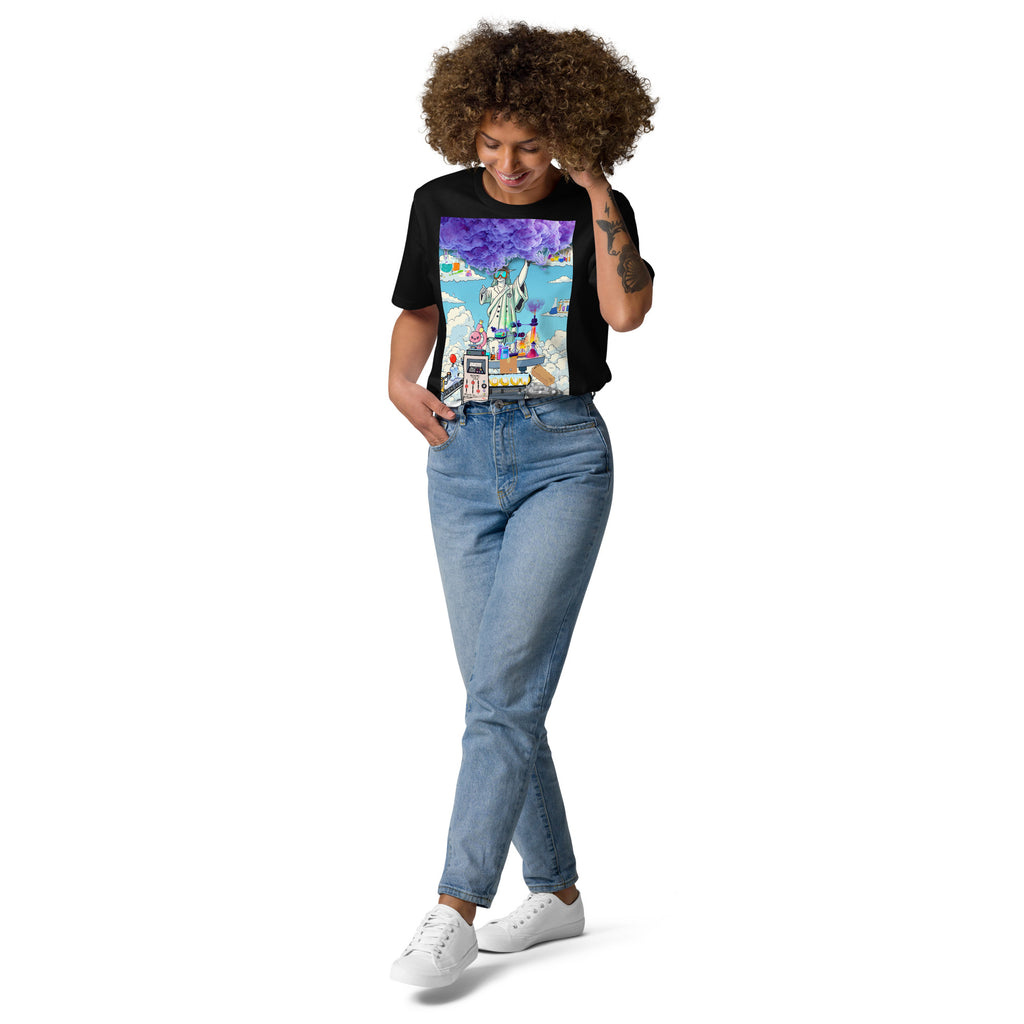 Liberty justice streetwear organic cotton tee mockup full body shot  — unisex graphic t-shirt | Mens Rea Clothing Justice
